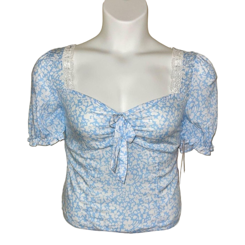 Crave Fame New Size L Pastel Blue Floral Top Lace Detail Puff Short Sleeves